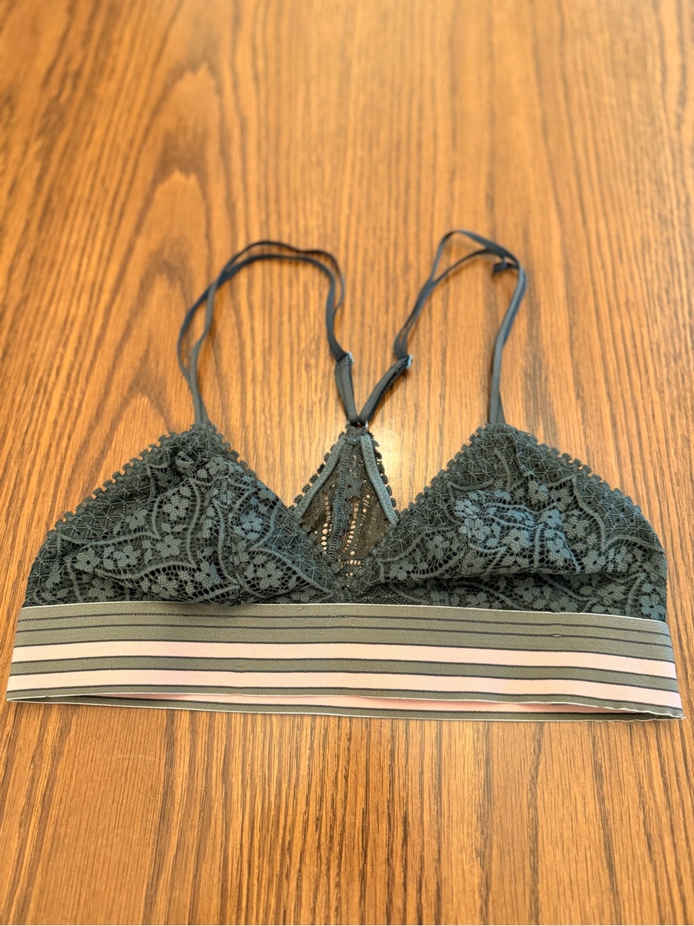 aerie Lace Triangle Bralette in Dark Green with Striped Elastic Band